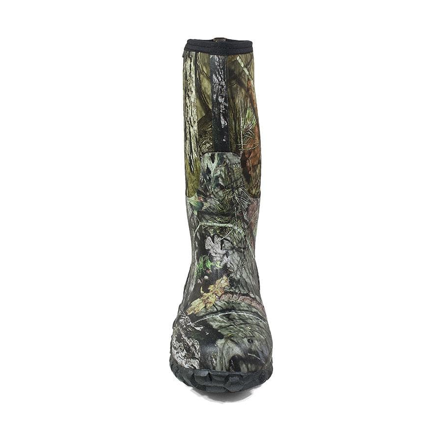 Bogs Classic High Mossy Oak boots, waterproof with camouflage design and rugged rubber sole, front view.