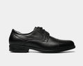 Florsheim Midtown Cap Oxford dress shoes in black leather with cap toe design and stacked heel, side view.