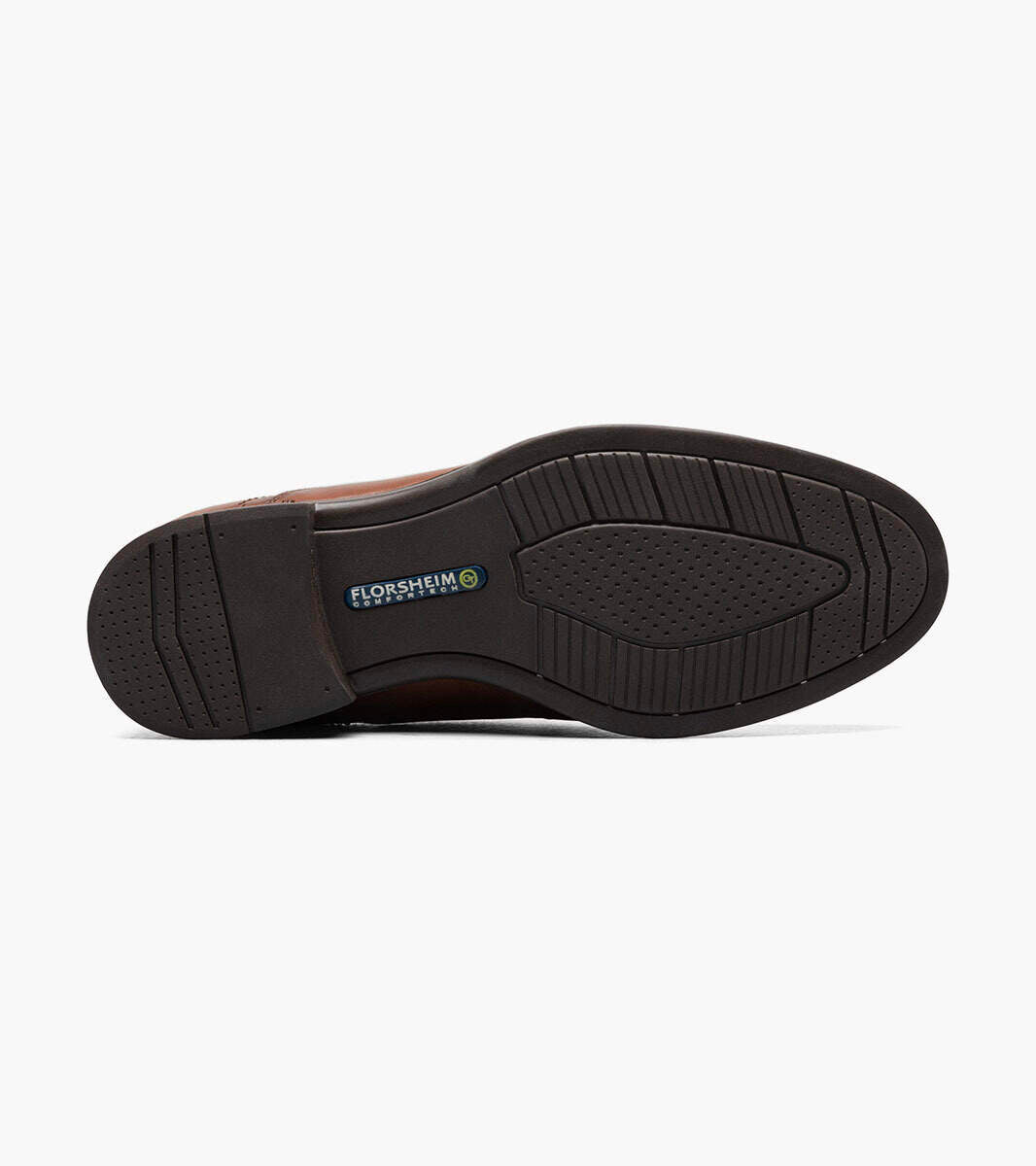 Florsheim Midtown Cap Oxford shoe outsole in black rubber featuring textured grip design and branded comfort logo.