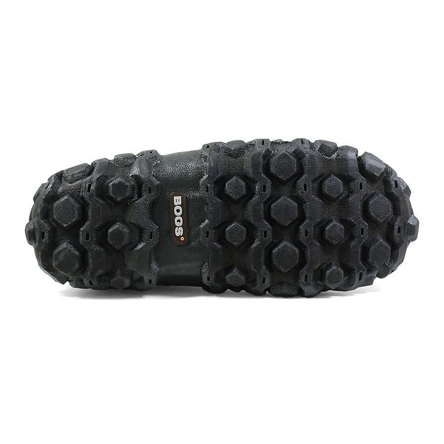 Bogs Classic High Mossy Oak boots outsole featuring rugged traction pattern in black rubber, bottom view.