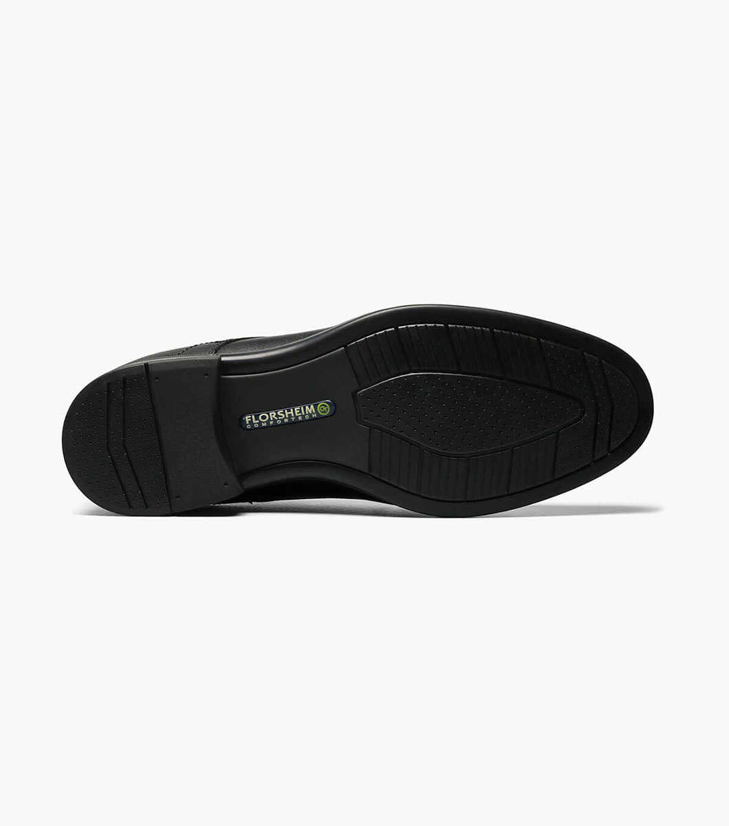 Florsheim Midtown Cap Oxford shoe outsole in black rubber with grip pattern and Comfortech technology detailing.