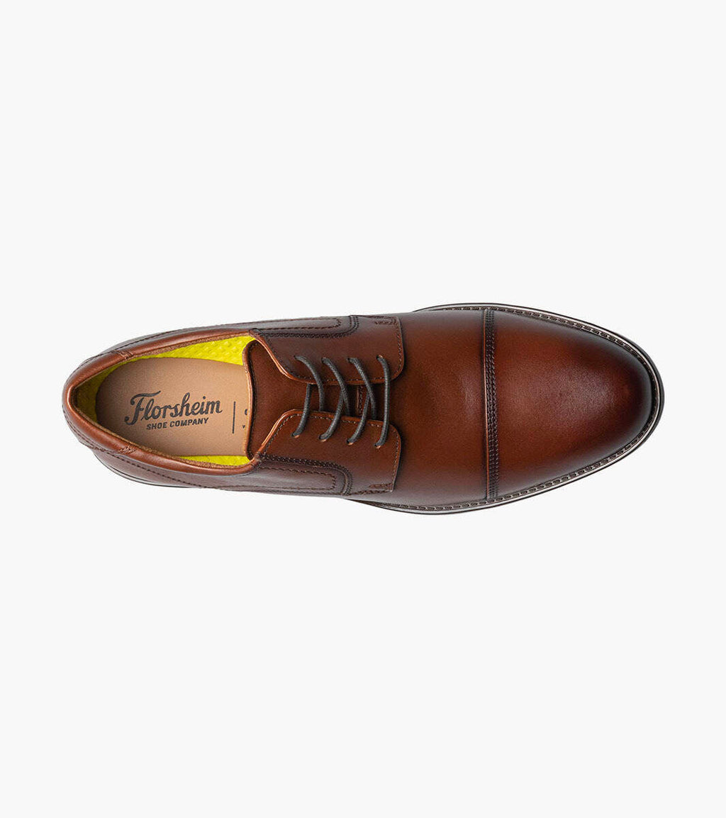 Florsheim Midtown Cap Oxford dress shoe in brown leather with cap toe design and lace-up closure, top view.