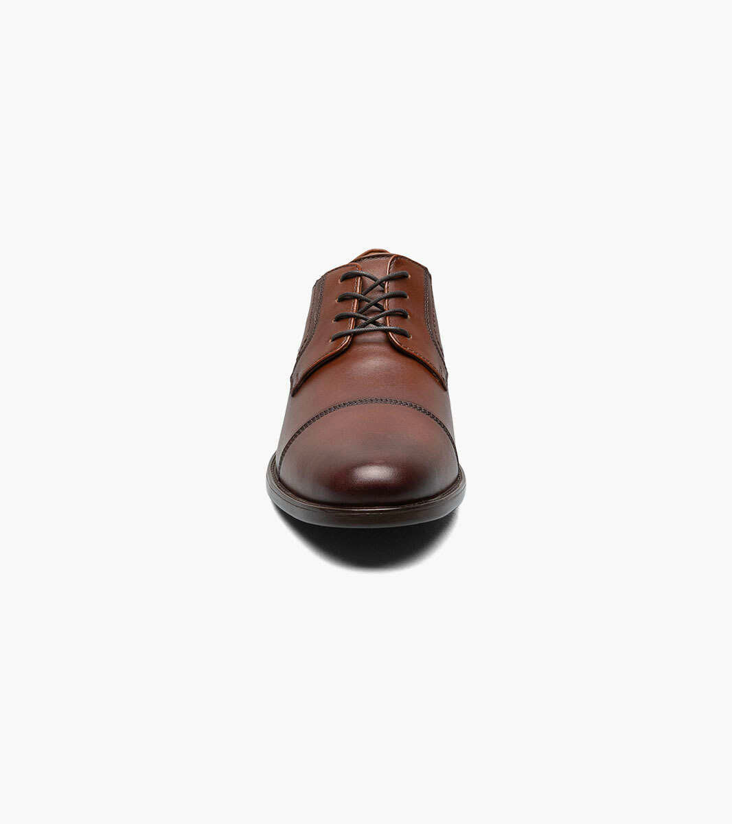 Florsheim Midtown Cap Oxford shoe in brown leather with stitched cap toe detail and lace-up design, front view.