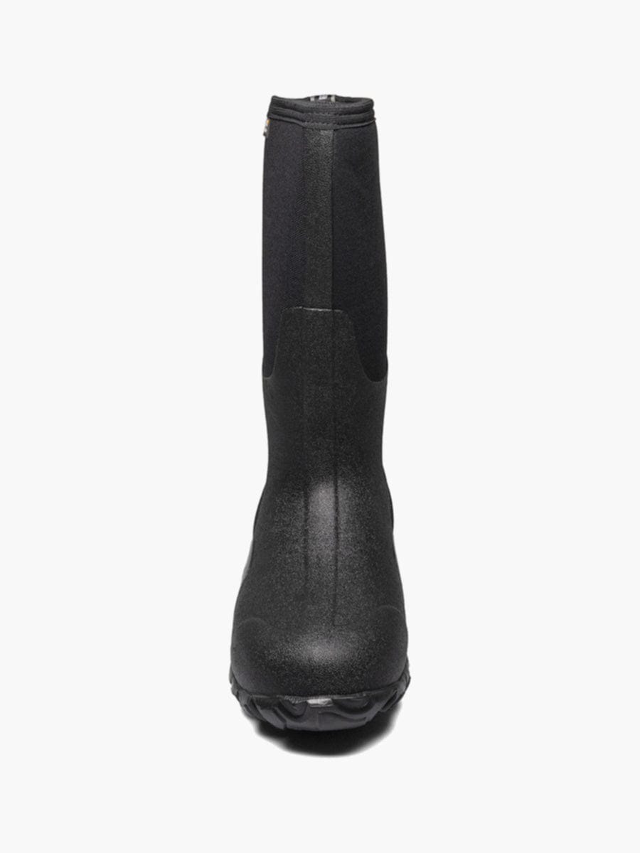 Bogs Classic High waterproof boots in black with durable rubber construction and textured outsole, front view.
