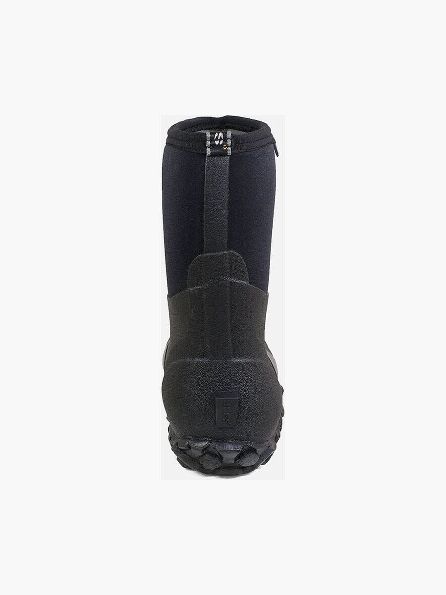 Bogs Classic Mid Boot in black with waterproof construction and textured sole, back view showing rear pull tab.