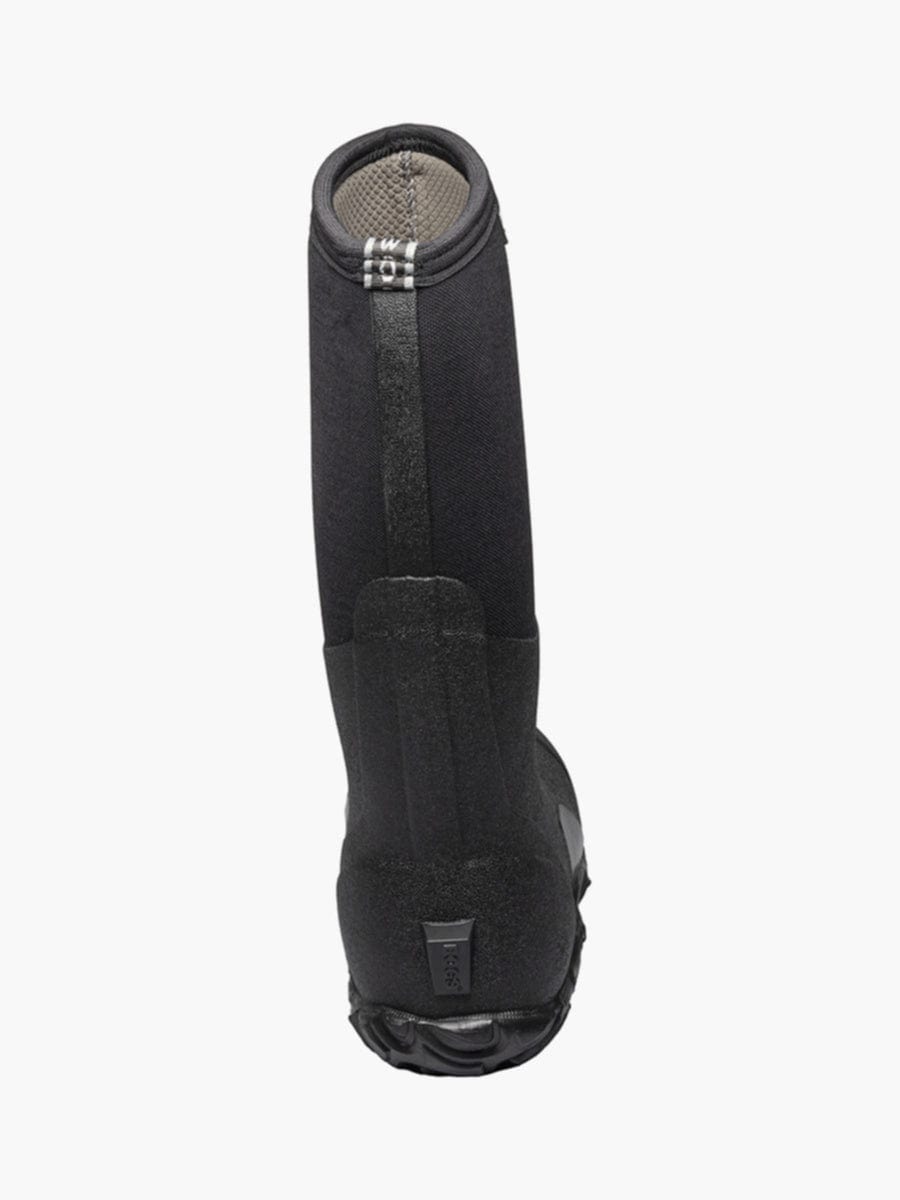 Bogs Classic High boots in black with durable waterproof design and textured outsole, back view.