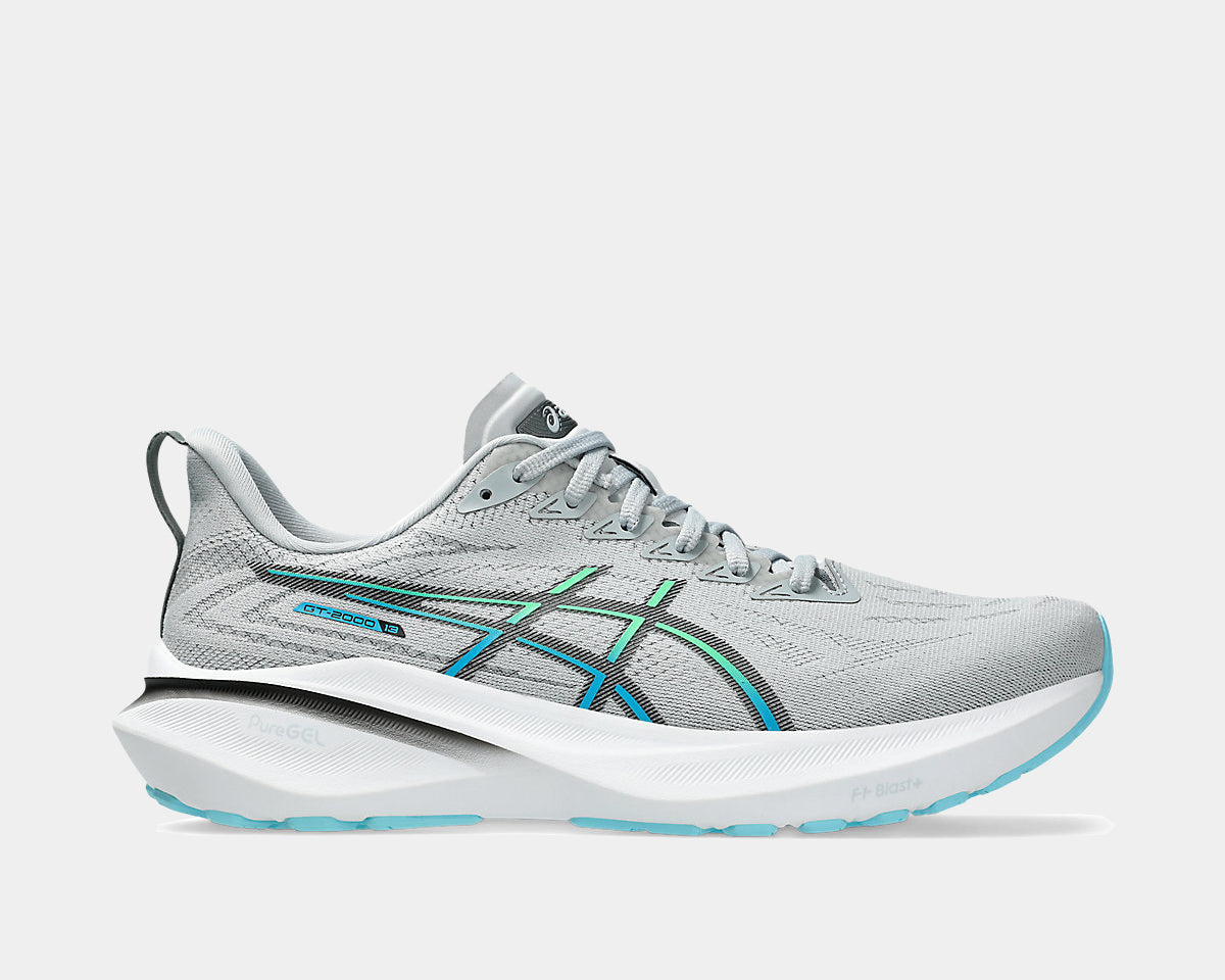 A pair of black ASICS GT-2000 13 running shoes with white and gray accents.