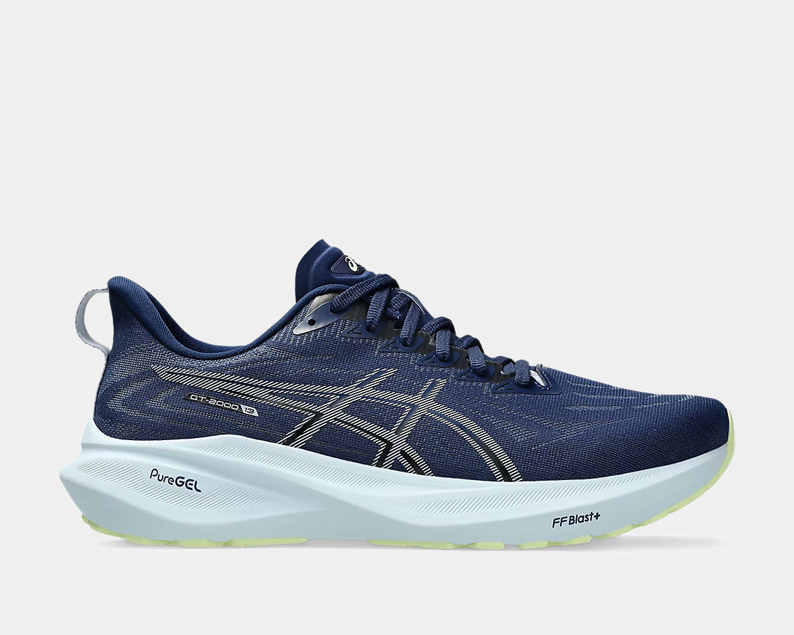 A pair of black ASICS GT-2000 13 running shoes with white and gray accents.