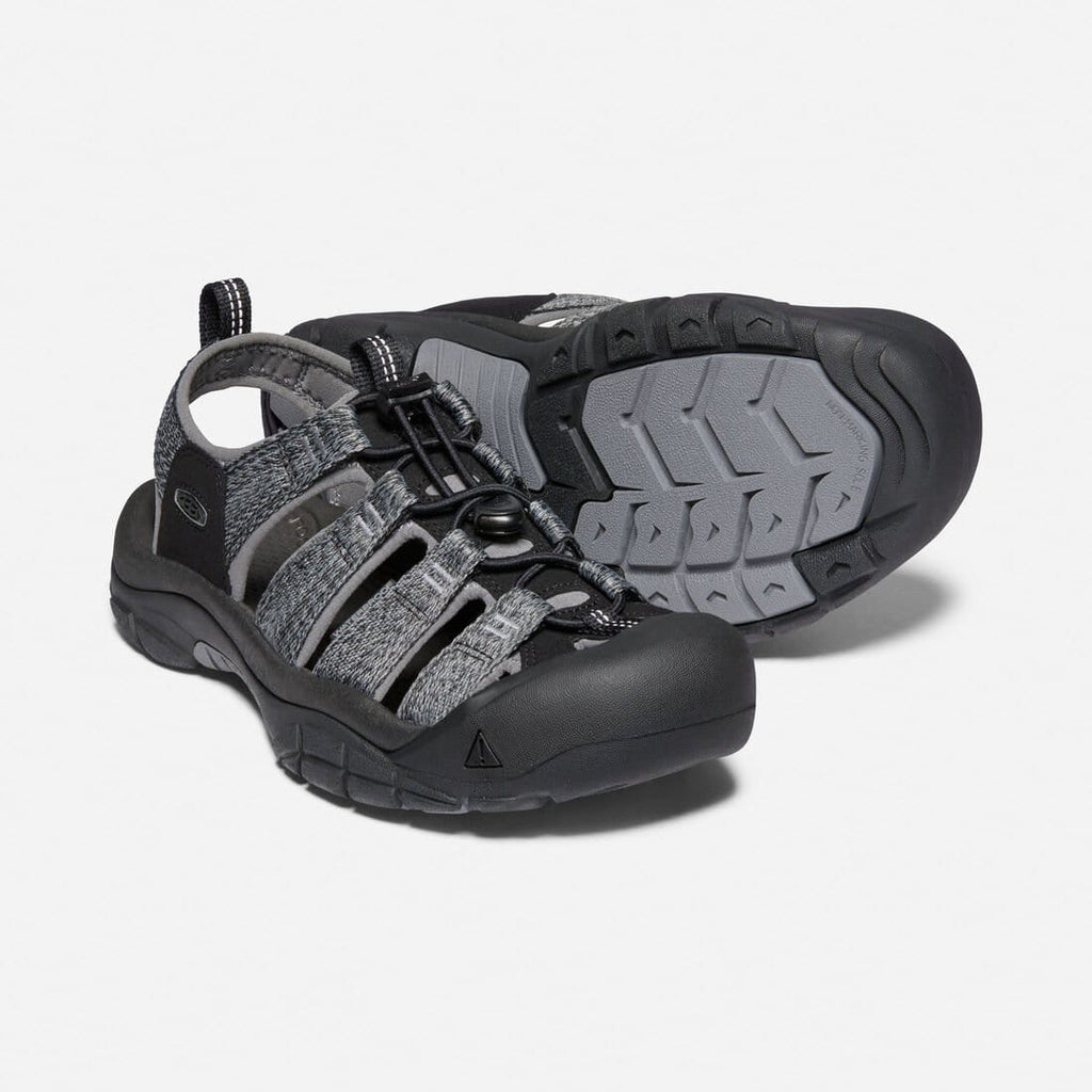 Keen Newport H2 sandals in black and gray with durable straps and rubber outsole, angled front and sole view.