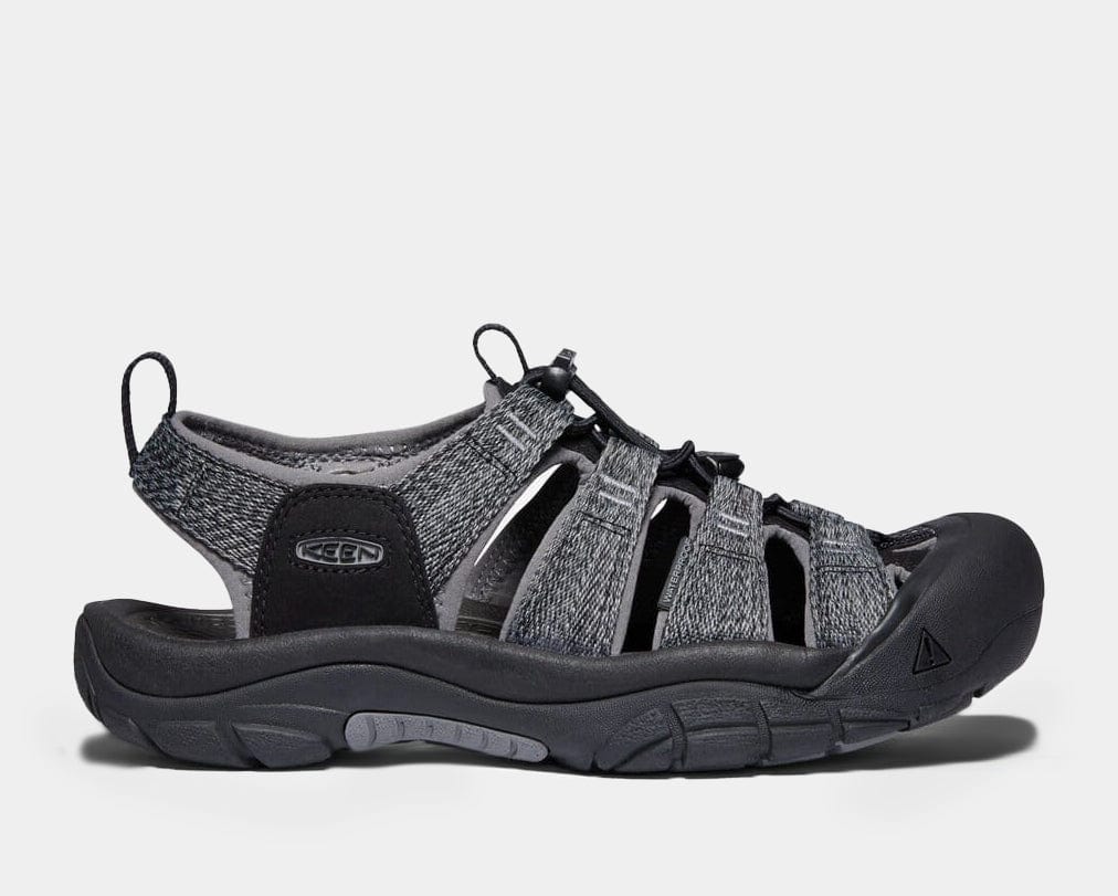 Keen Newport H2 sandals in gray with durable webbing upper, black toe cap, and rugged outsole, side view.
