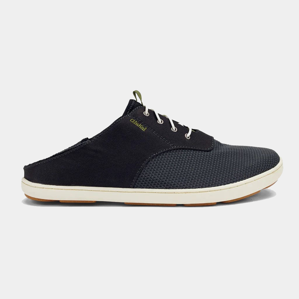 OluKai Nohea Moku shoes in dark navy with breathable mesh upper, lightweight design, and drop-in heel feature, side view.