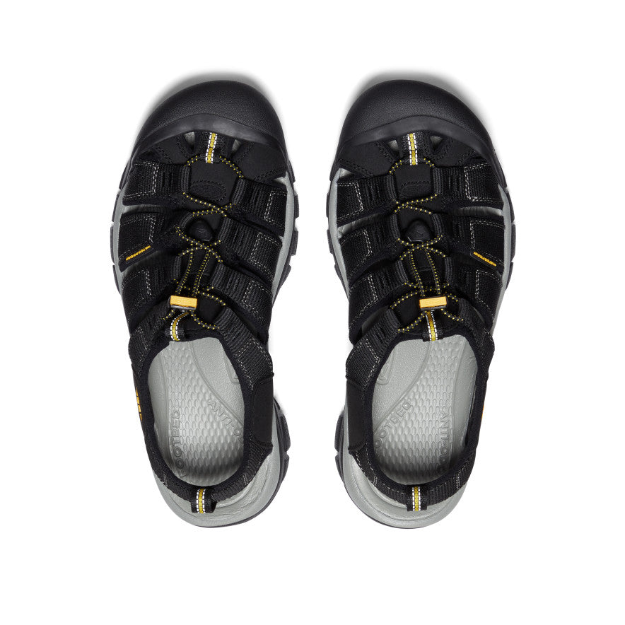 Keen Newport H2 sandals with washable polyester webbing in black and gray, secure lace system and cushioned footbed, top view.