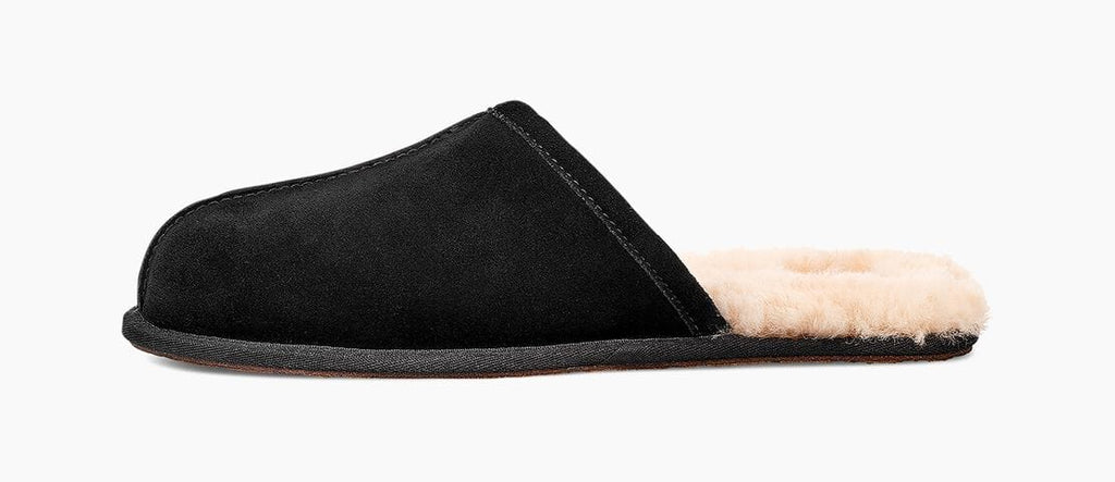 UGG Scuff slippers in black suede with a plush sheepskin lining, side view.