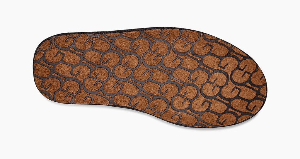 UGG Scuff slippers outsole in brown with embossed UGG logo pattern, bottom view.