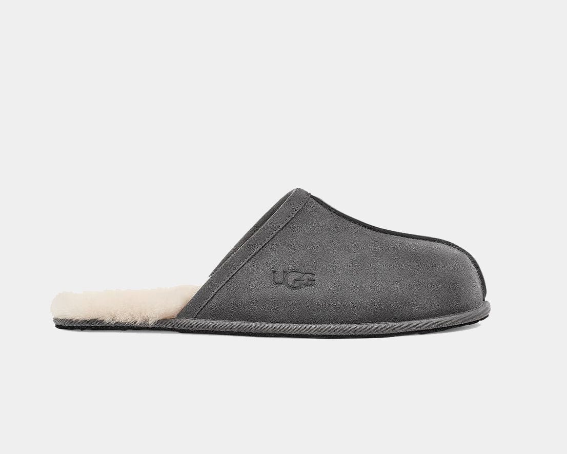 UGG Scuff slippers in charcoal gray suede with a plush sheepskin lining, side view.