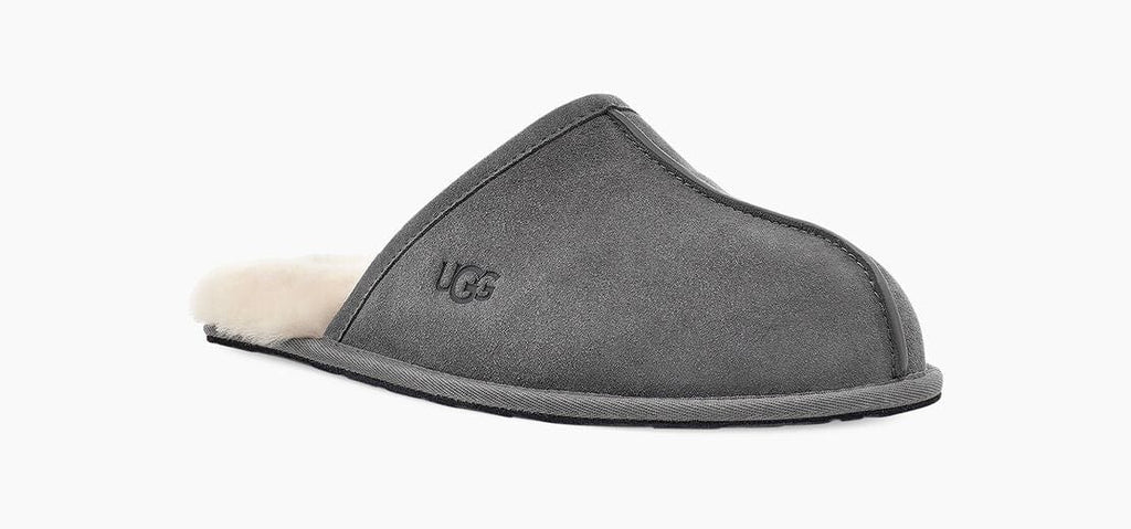 UGG Scuff slippers in gray suede with logo detail and plush shearling lining, side view.