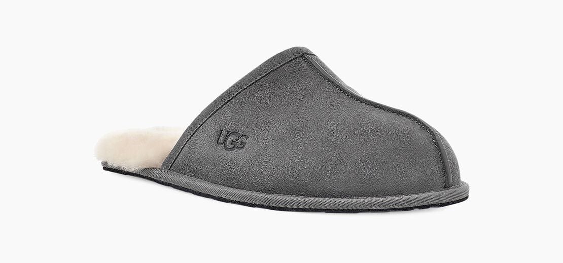 UGG Scuff slippers in gray suede with logo detail and plush shearling lining, side view.