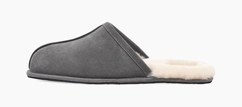 UGG Scuff slippers in dark gray suede with plush cream shearling lining, side view.