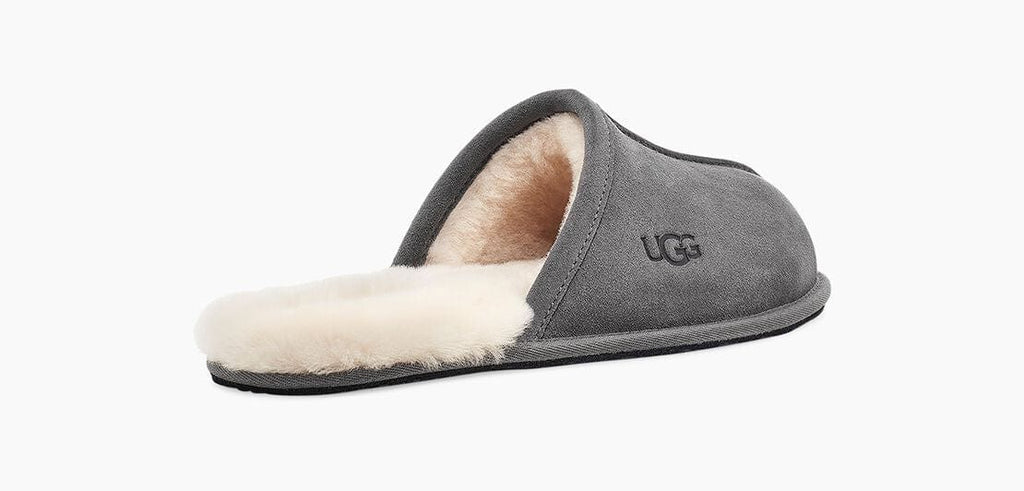 UGG Scuff slippers in gray suede with plush sheepskin lining and UGG logo detail, side view.