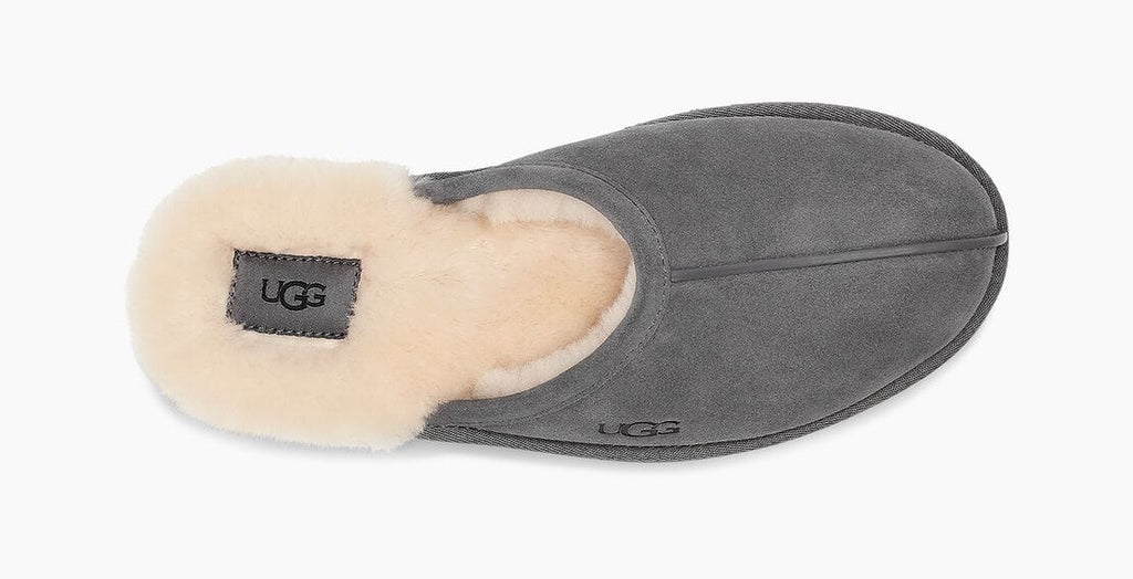 UGG Scuff slippers in dark gray suede with plush shearling lining, top view showing slip-on design and logo detailing.