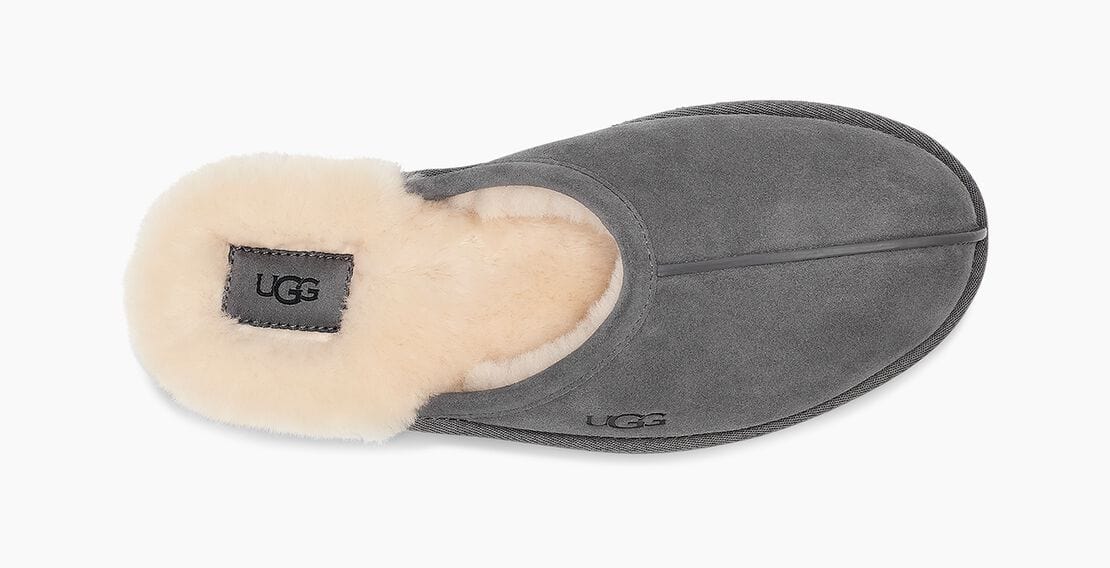 UGG Scuff slippers in dark gray suede with plush shearling lining, top view showing slip-on design and logo detailing.