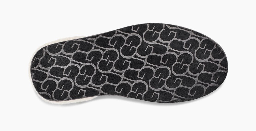UGG Scuff slipper outsole with textured black rubber featuring UGG logo pattern, sole view.