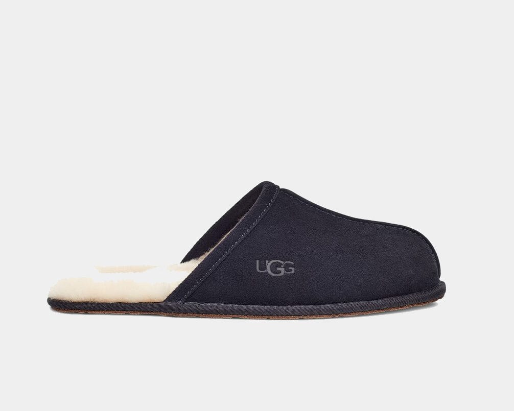 UGG Scuff slippers in black with suede upper and plush shearling lining, side view showing logo and stitched detailing.