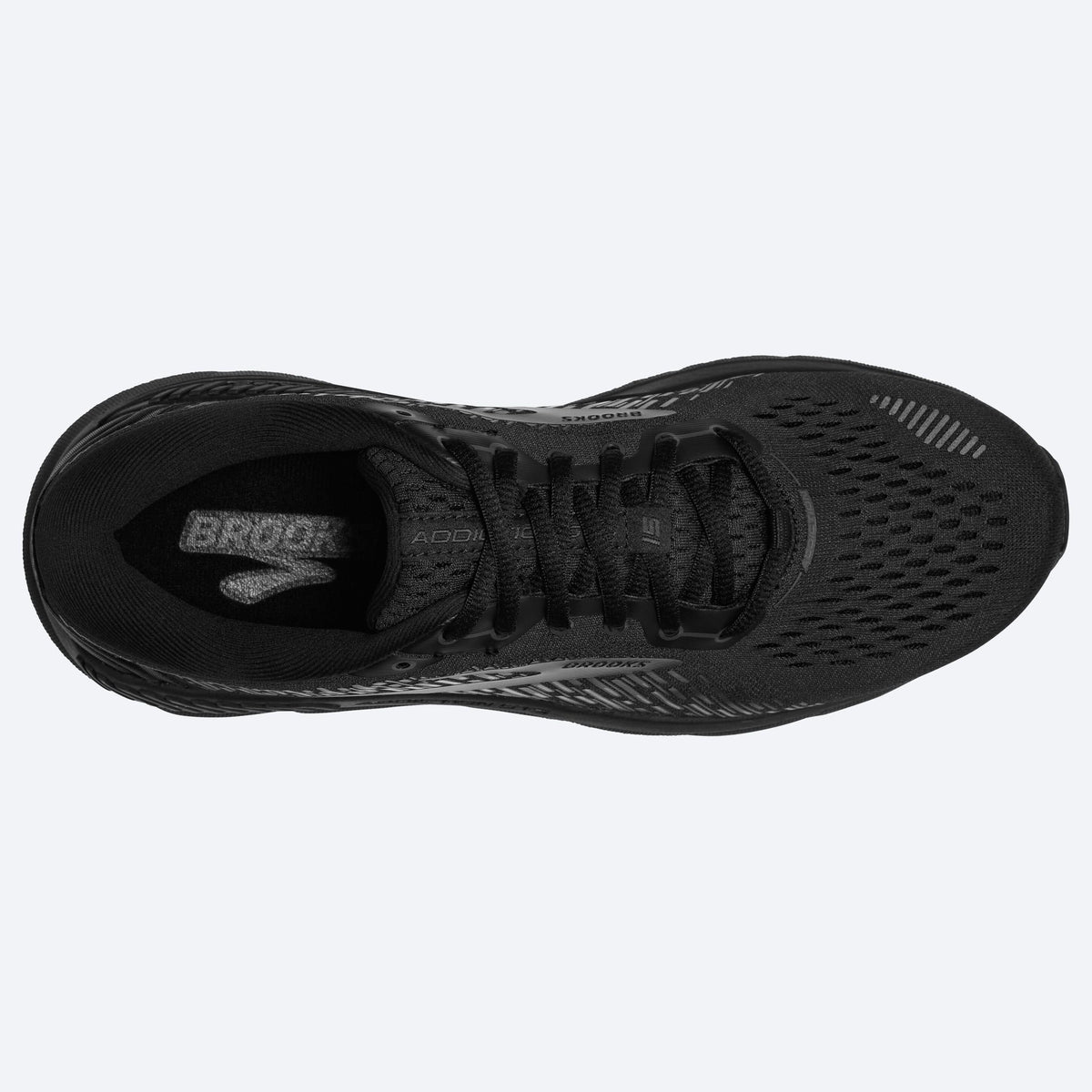 Brooks Addiction GTS 15 running shoes in black with engineered mesh upper and lace closure system, top view.