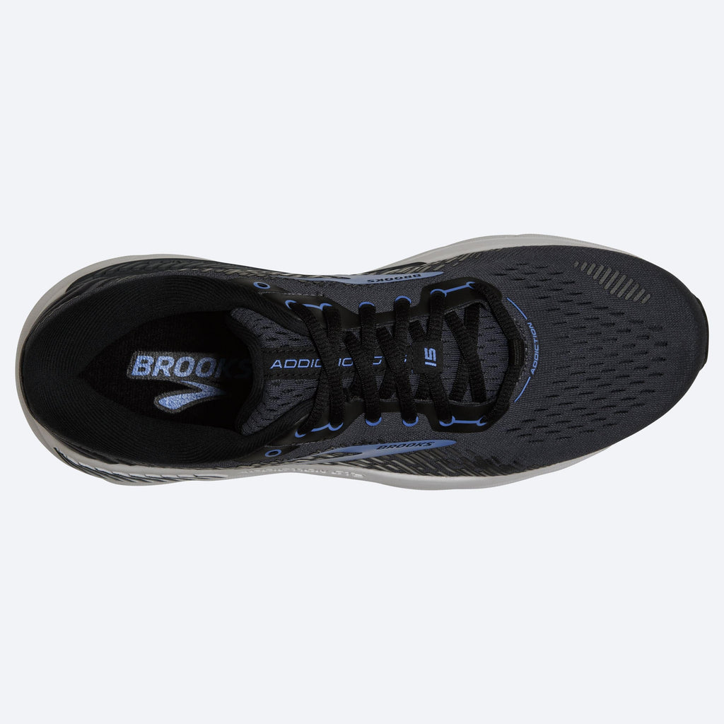 Brooks Addiction GTS 15 running shoes top view showing black mesh upper, lace system, and supportive insole detailing.
