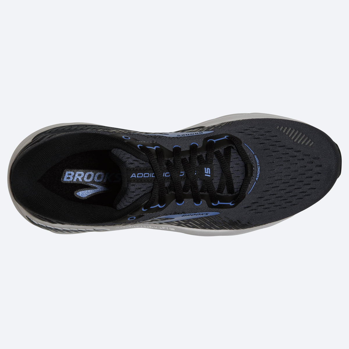 Brooks Addiction GTS 15 running shoes top view showing black mesh upper, lace system, and supportive insole detailing.