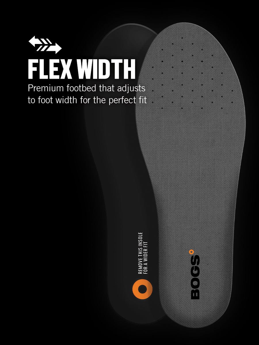 "Bogs Classic Mid Boot insoles showcasing Flex Width technology with removable option for adjustable fit, top view"