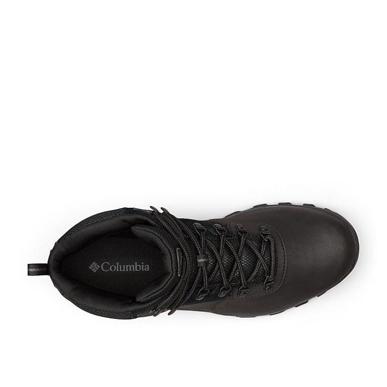 Columbia Newton Ridge Plus II Waterproof hiking boots, top view showing black leather upper, durable lace system, and padded interior.