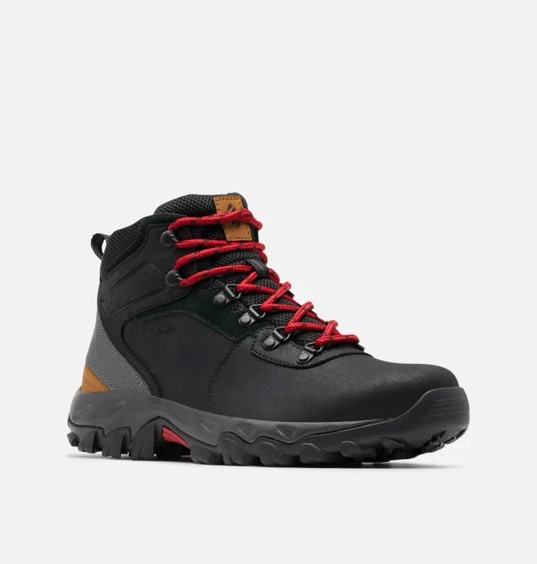 Columbia Newton Ridge Plus II Waterproof hiking boots in black with red laces, durable leather upper, and rugged outsole, side view.