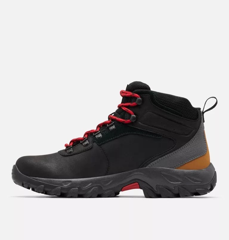 Columbia Newton Ridge Plus II Waterproof hiking boots side view showcasing black leather upper, red laces, gray accents, and durable rubber outsole.