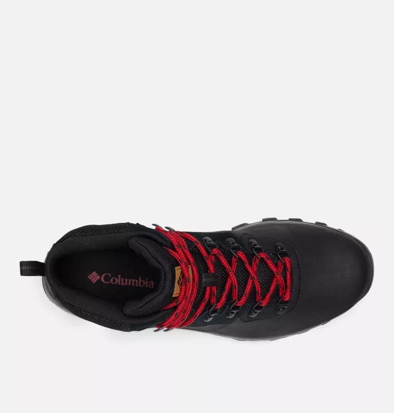 Columbia Newton Ridge Plus II Waterproof hiking boots in black with red laces and leather upper, top view.