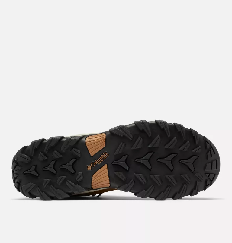 Columbia Newton Ridge Plus II Waterproof hiking boots outsole showing rugged black tread and Columbia logo detail.