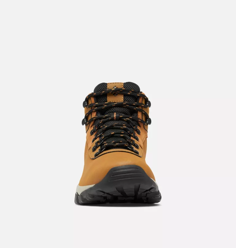 Columbia Newton Ridge Plus II Waterproof hiking boots front view in tan and black with rugged sole and durable lace system.