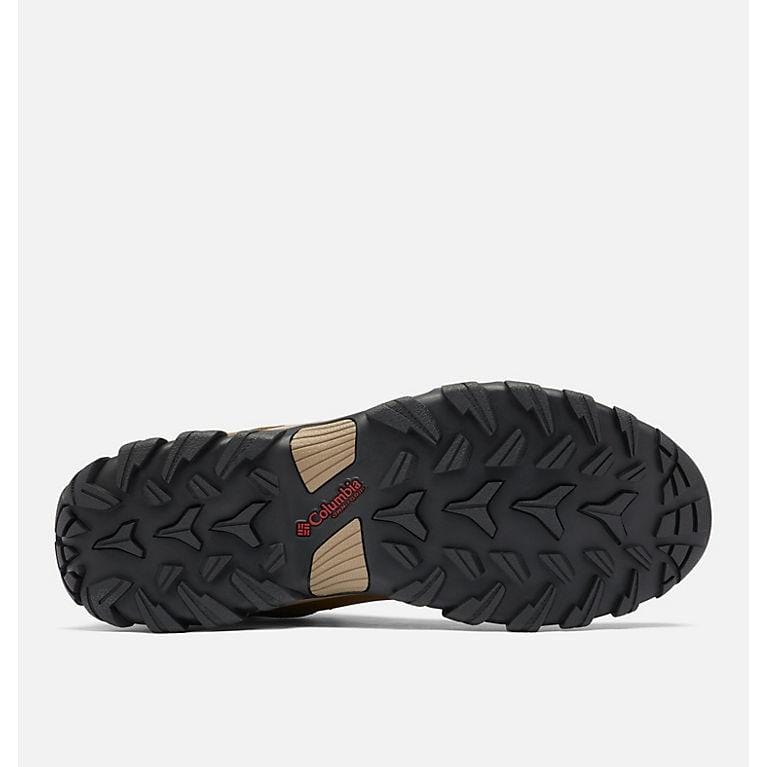 Columbia Newton Ridge Plus II Waterproof hiking boots outsole featuring rugged black rubber tread with red logo and traction pattern, sole view.