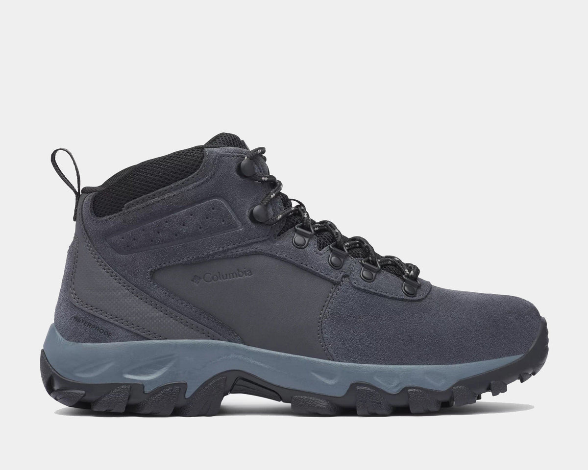 Columbia Newton Ridge Plus II Suede WP hiking boots in gray suede with waterproof construction and durable outsole, side view.