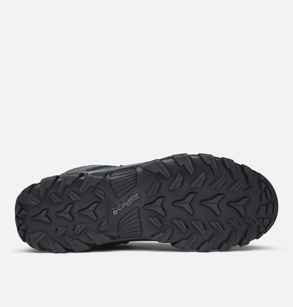 Columbia Newton Ridge Plus II Suede WP hiking boots outsole featuring durable black rubber with deep multi-directional lugs for traction.