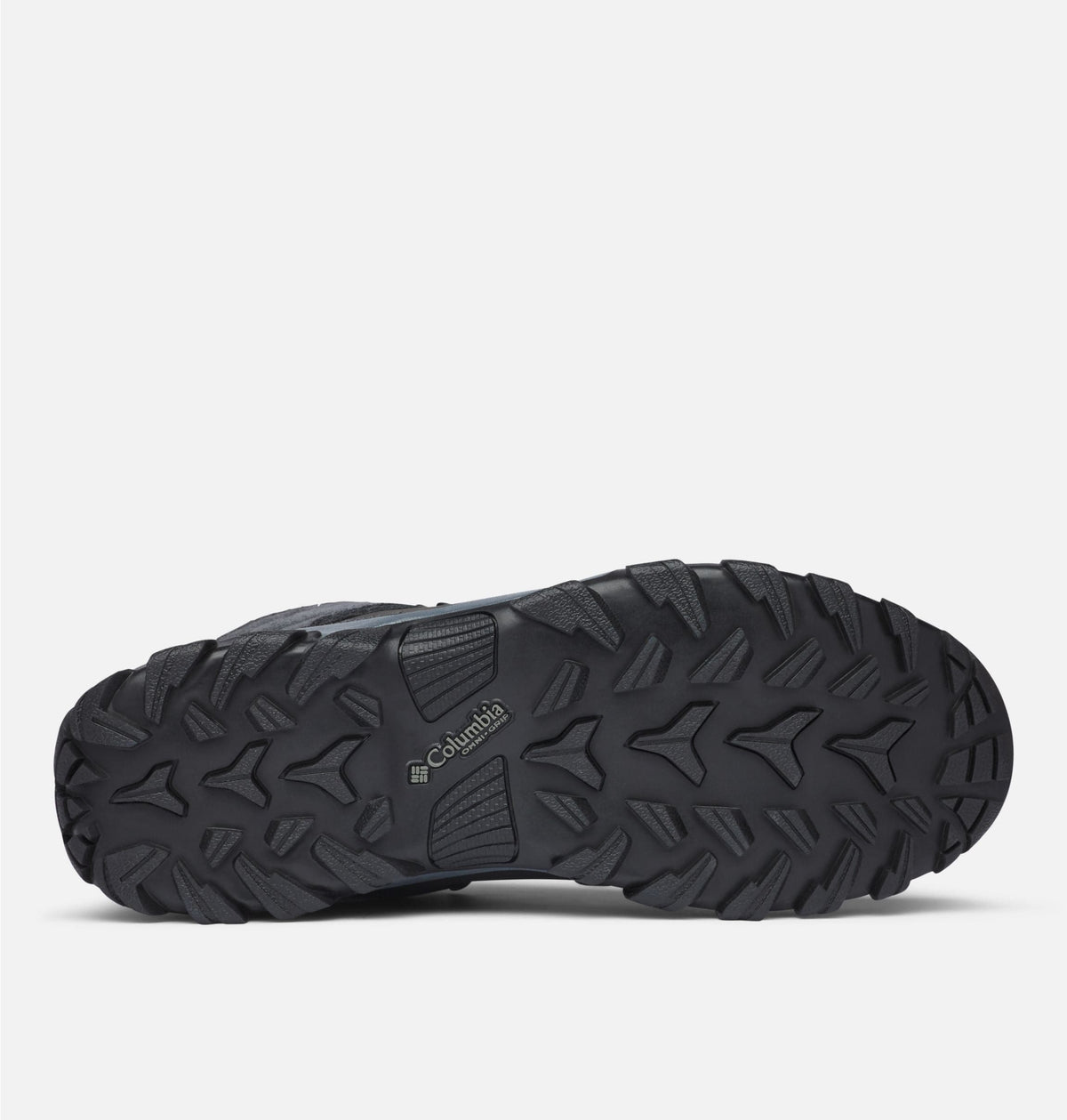 Columbia Newton Ridge Plus II Suede WP hiking boots outsole featuring durable black rubber with deep multi-directional lugs for traction.