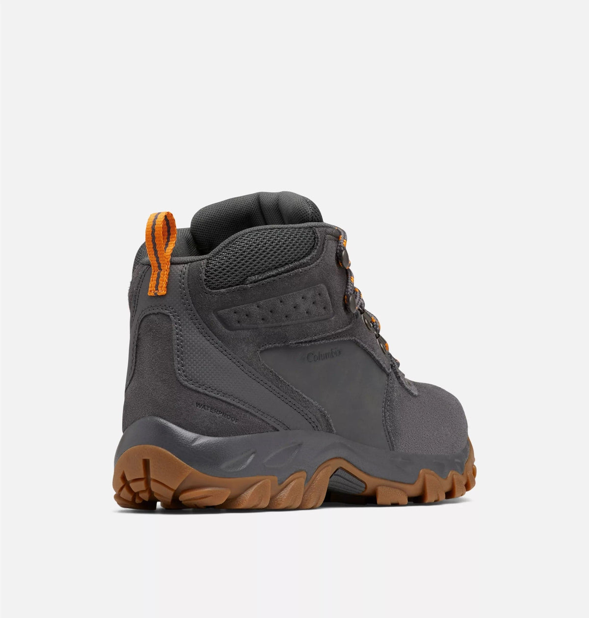 Columbia Newton Ridge Plus II Suede WP hiking boots in gray suede with orange accents, waterproof construction, back side view.