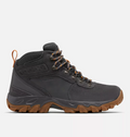 Columbia Newton Ridge Plus II Suede WP hiking boots in black suede with orange accents and durable rubber outsole, side view.