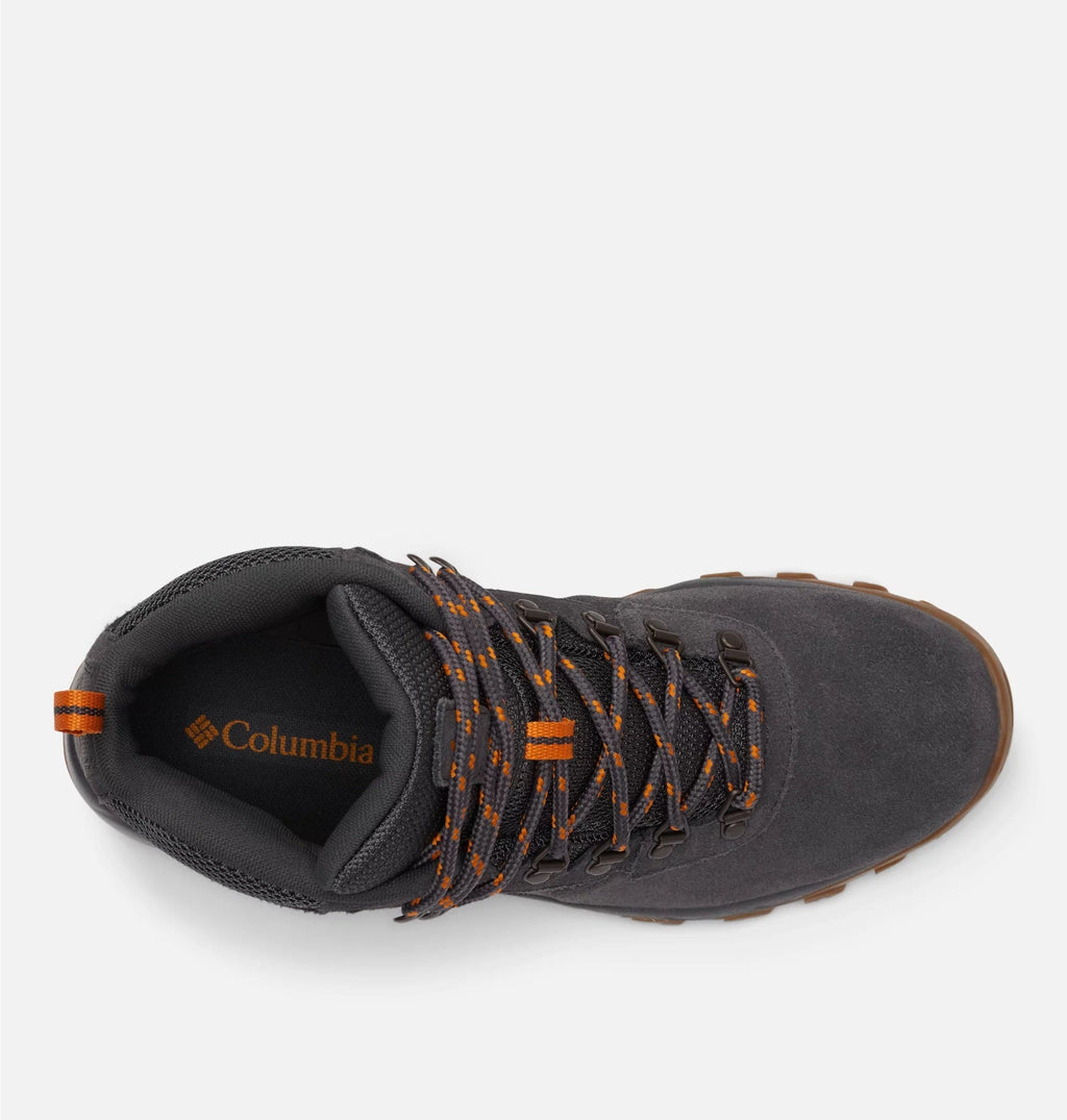 Columbia Newton Ridge Plus II Suede WP hiking boots in gray suede with orange-accented laces, top view showing padded collar and durable construction.