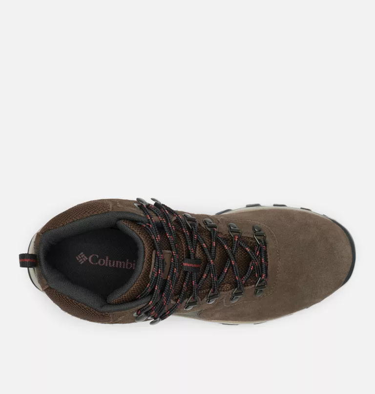 Columbia Newton Ridge Plus II Suede WP hiking boot in brown suede with black and red laces, top view showing padded collar.