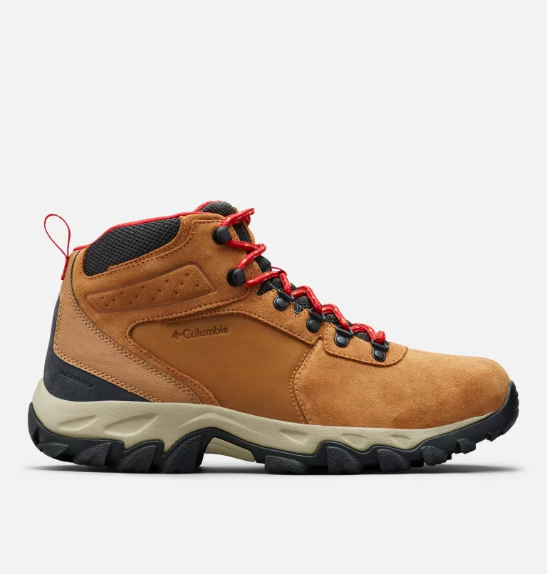 Columbia Newton Ridge Plus II Suede WP hiking boots in tan suede with red laces and waterproof construction, side view.