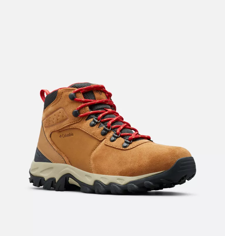 Columbia Newton Ridge Plus II Suede WP hiking boots in brown suede with red laces and black rugged outsole, side view.