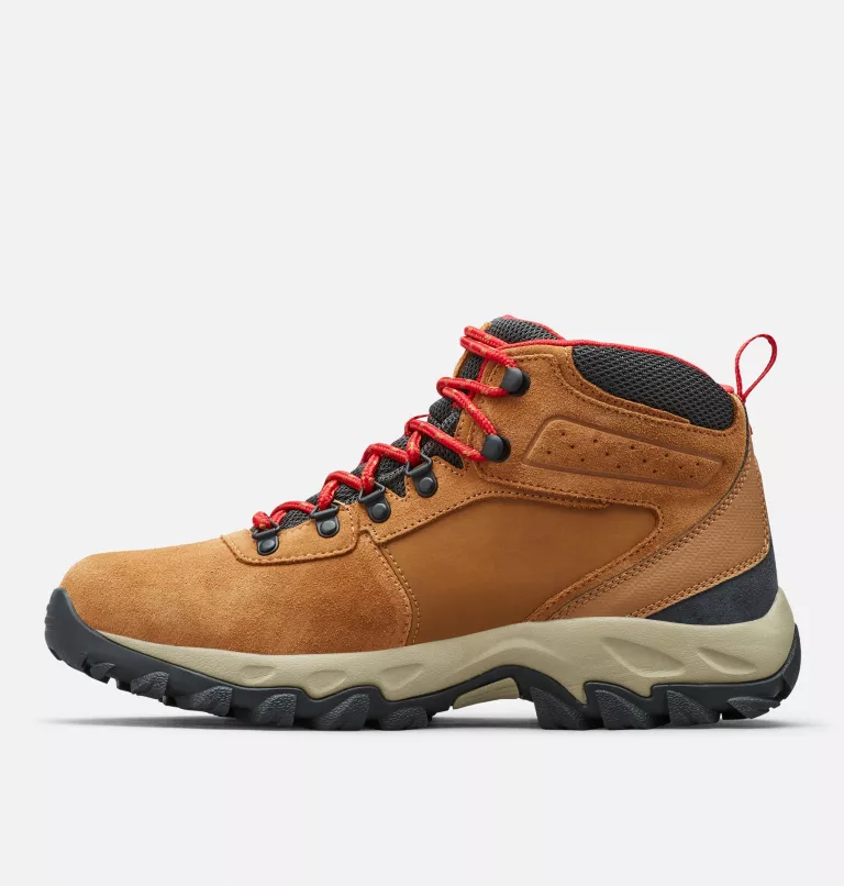 Columbia Newton Ridge Plus II Suede WP hiking boots in light brown suede with red laces and black outsole, side view.