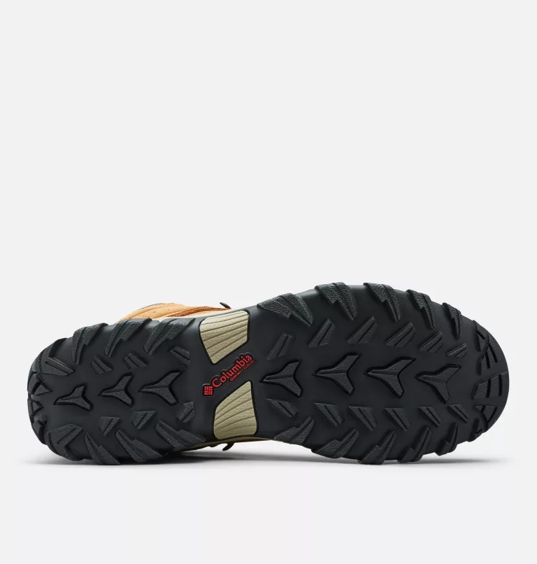 Columbia Newton Ridge Plus II Suede WP hiking boots outsole, black rubber with deep traction lugs and red Columbia branding.