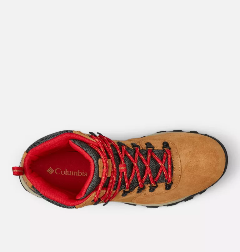 Columbia Newton Ridge Plus II Suede WP hiking boots with brown suede upper, red laces, black eyelets, and red padded interior, top view.